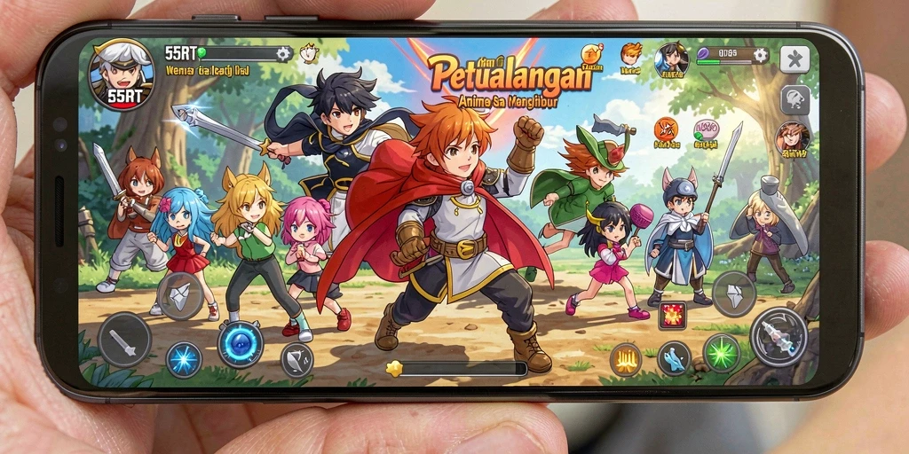 Screenshot game 55RT menampilkan aksi seru dengan karakter Anime.