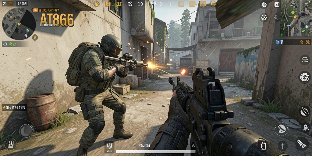 Screenshot gameplay AT866 menampilkan aksi tembak-tembakan seru dan dinamis.