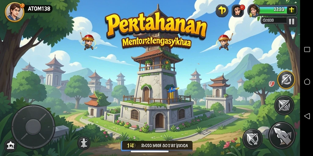 Screenshot gameplay ATOM138 menampilkan pertahanan menara yang strategis.