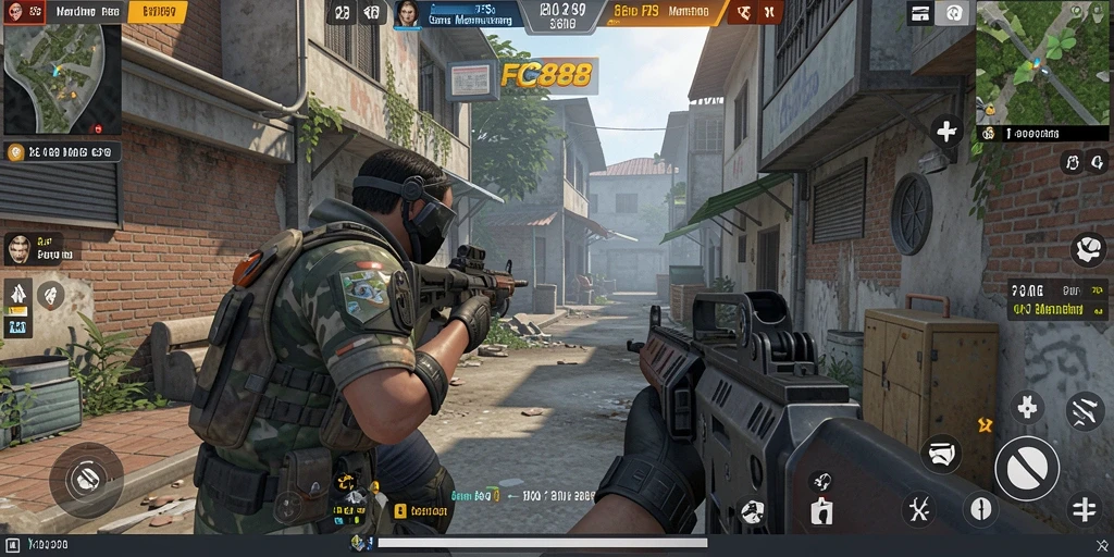 Screenshot utama FC888 menampilkan aksi mendebarkan dalam pertempuran FPS.