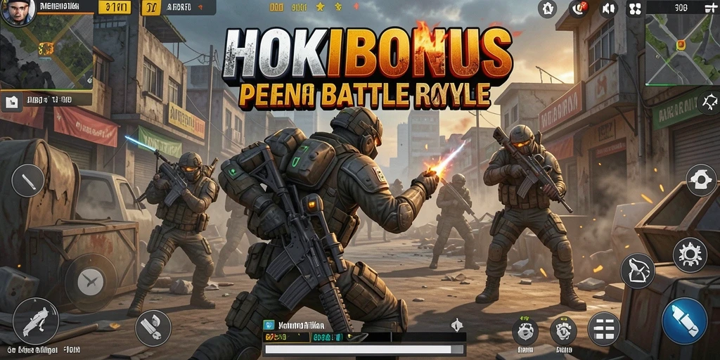 Tampilan pertempuran seru dalam HOKIBONUS di arena Battle Royale.