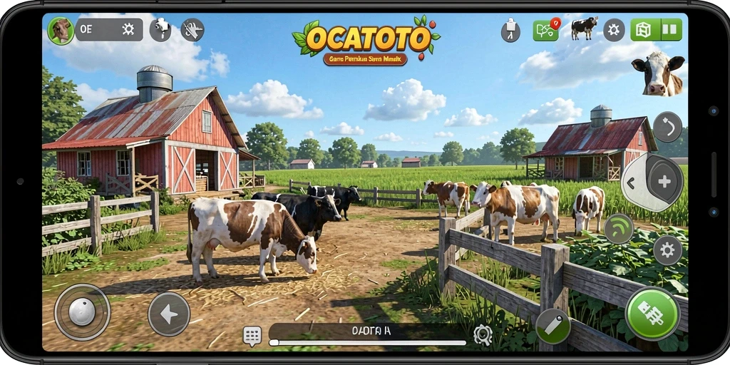 Screenshot gameplay OCATOTO menampilkan pertanian yang indah dan hewan peliharaan.