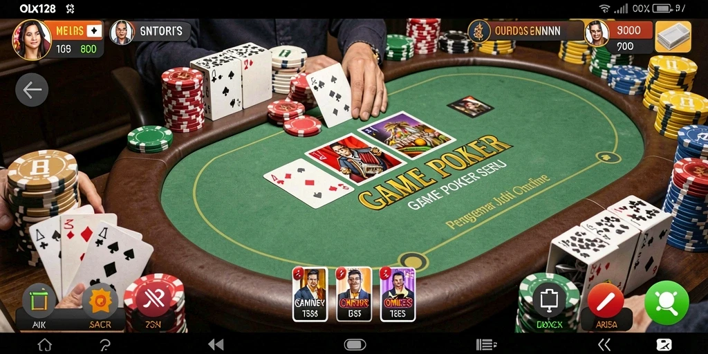 Tangkapan layar OLX128 yang menunjukkan aksi permainan poker yang intens.