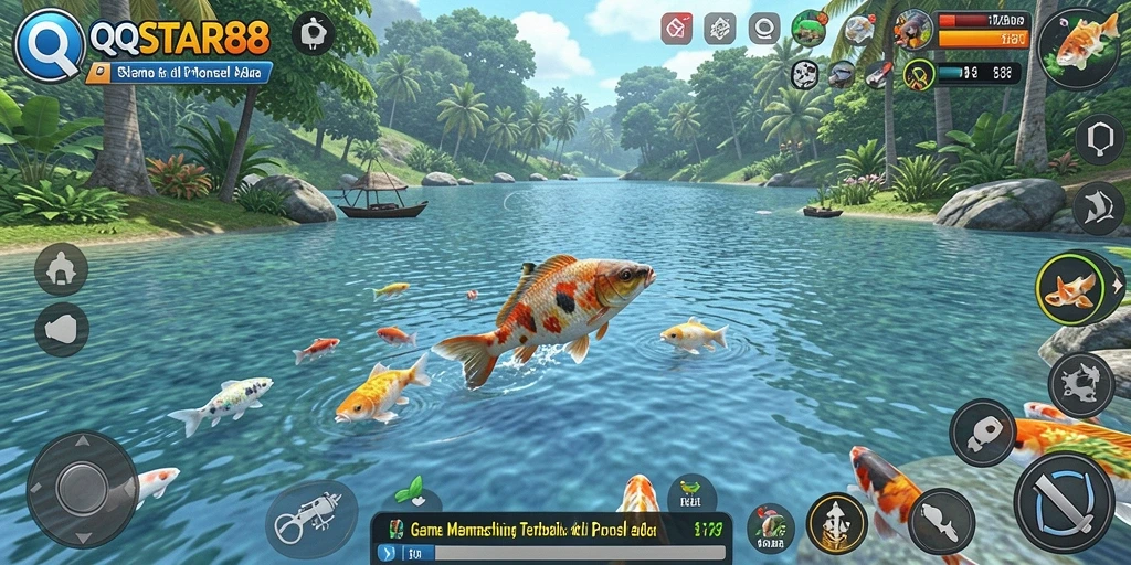 Gameplay menarik dari QQSTAR88 dengan berbagai ikan dan lokasi memancing.