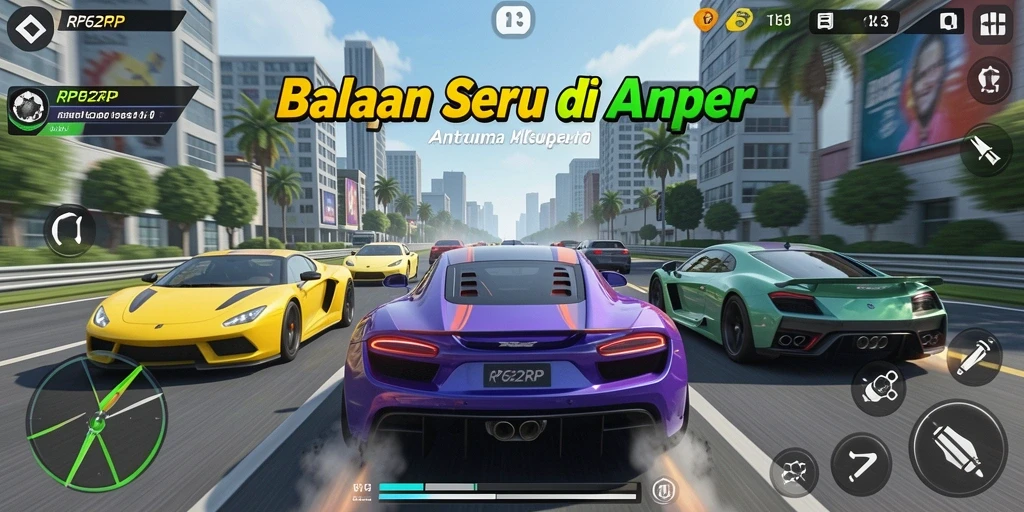 Screenshot menampilkan balapan mobil super di trek menantang.