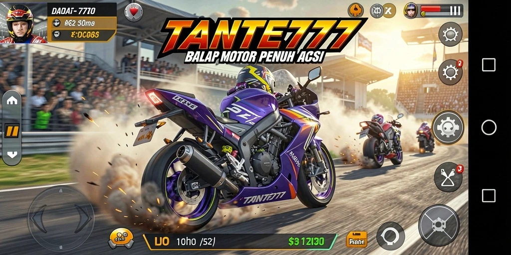 Tangkapan layar dari gameplay TANTE777 menunjukkan balapan motor yang seru.