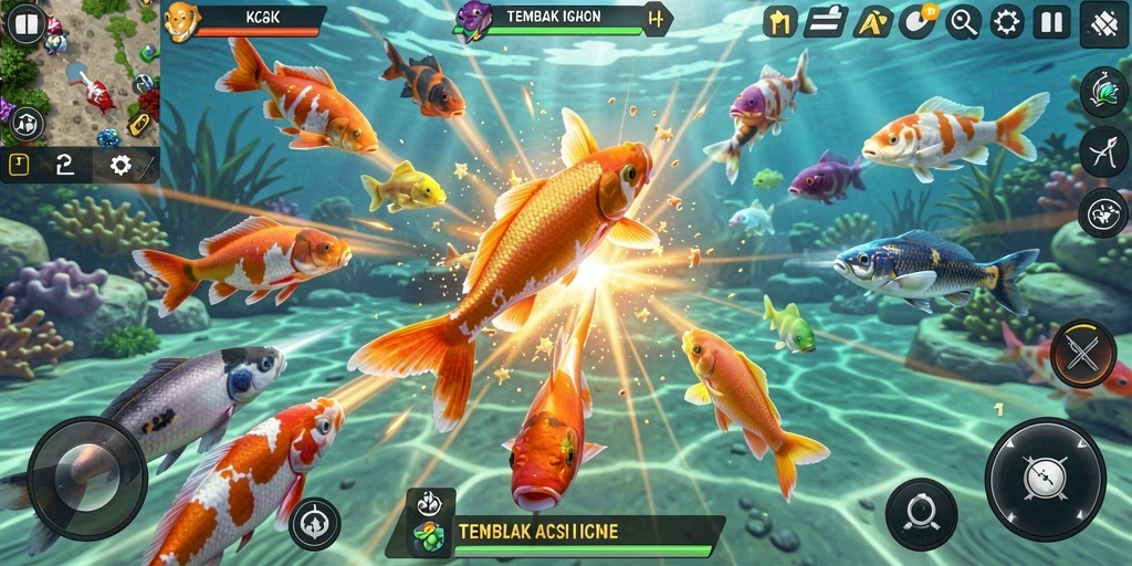 Tampilan gameplay Tembak Ikan yang menegangkan saat menyerang ikan-ikan besar.